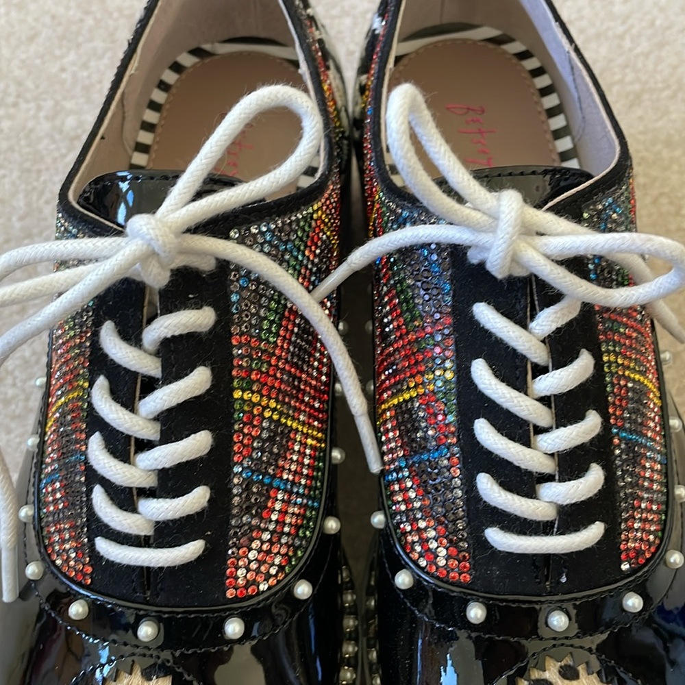 Betsey Johnson Marti Black Multi Chunky Platform Creeper Lace Jeweled Shoe 8 NIB - Picture 3 of 13